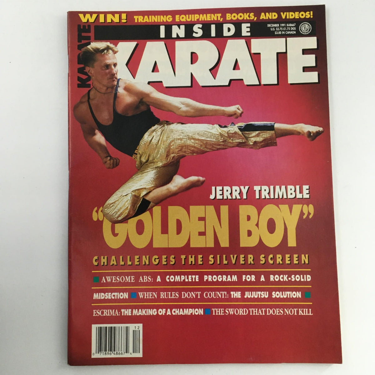 Cover of Inside Karate Magazine December 1991 featuring Jerry Trimble, known as the 'Golden Boy', performing a dynamic karate kick, highlighting martial arts culture from the early '90s.