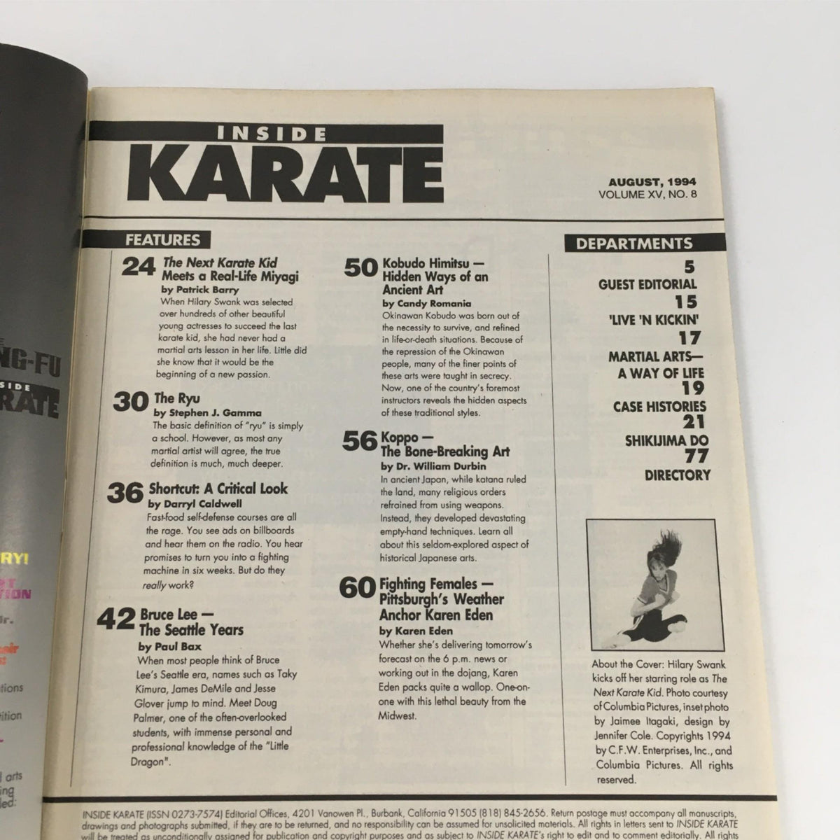 Page from Inside Karate Magazine, August 1994, showcasing features including articles on martial arts, notable personalities, and techniques. The magazine cover features Hilary Swank and Tak Kubota, highlighting the cultural significance of martial arts during the mid-90s.