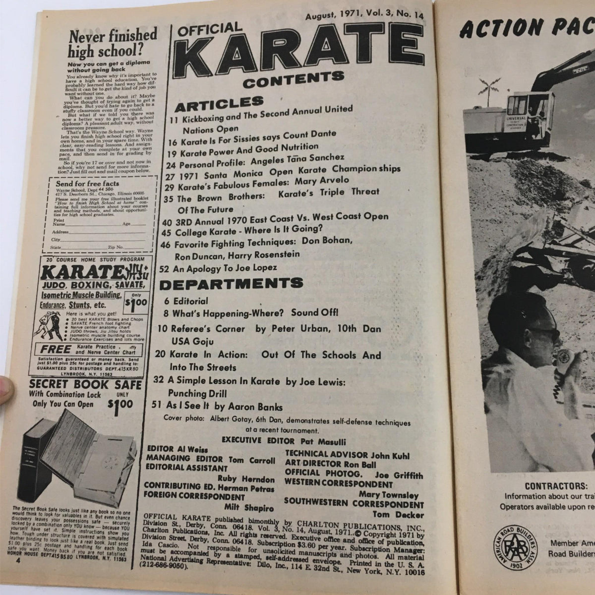 Interior page of Official Karate Magazine August 1971 displaying the table of contents with articles on karate topics, including Joe Lewis and Albert Gotay, emphasizing martial arts culture.
