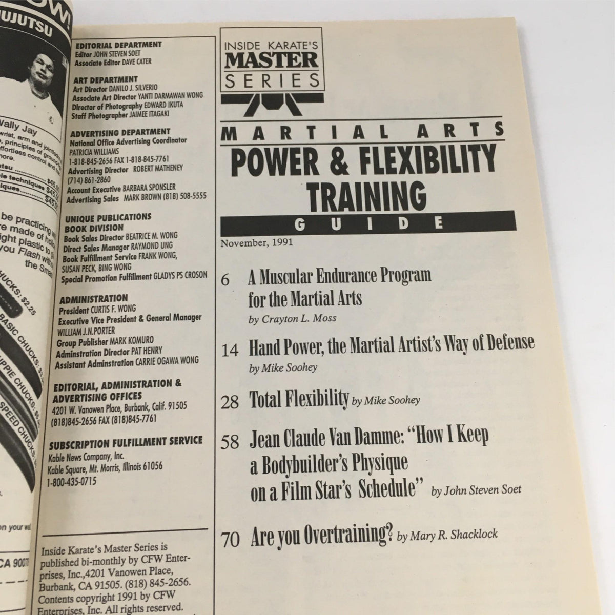 Table of contents page from Inside Karate's Master Series Magazine Power & Flexibility Guide #9, November 1991, listing articles on muscular endurance, hand power, and flexibility training.