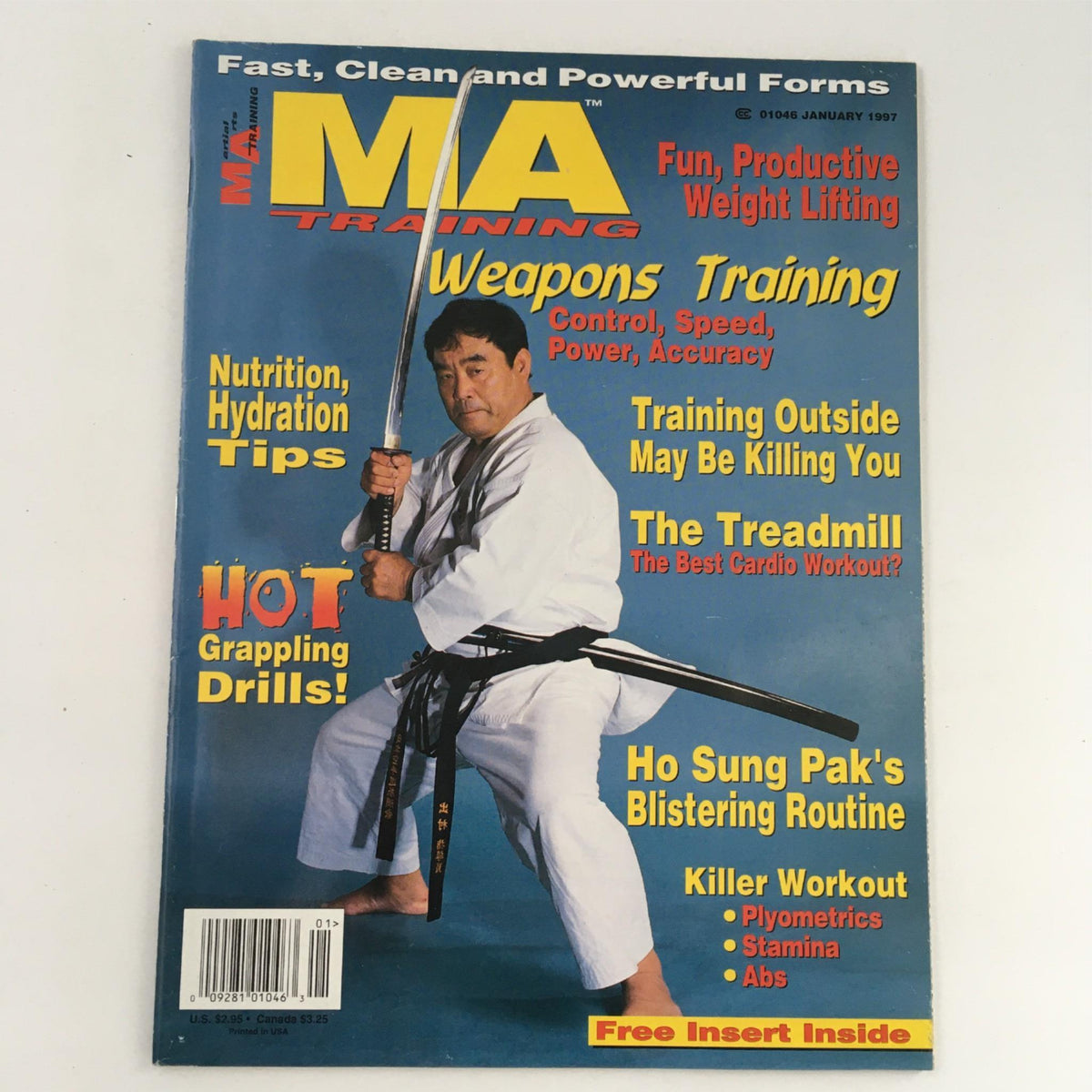 Cover of MA Martial Arts Training Magazine January 1997 featuring Fumio Demura. The issue showcases weapons training, nutrition tips, and grappling drills. The cover emphasizes fun and productive weight lifting.