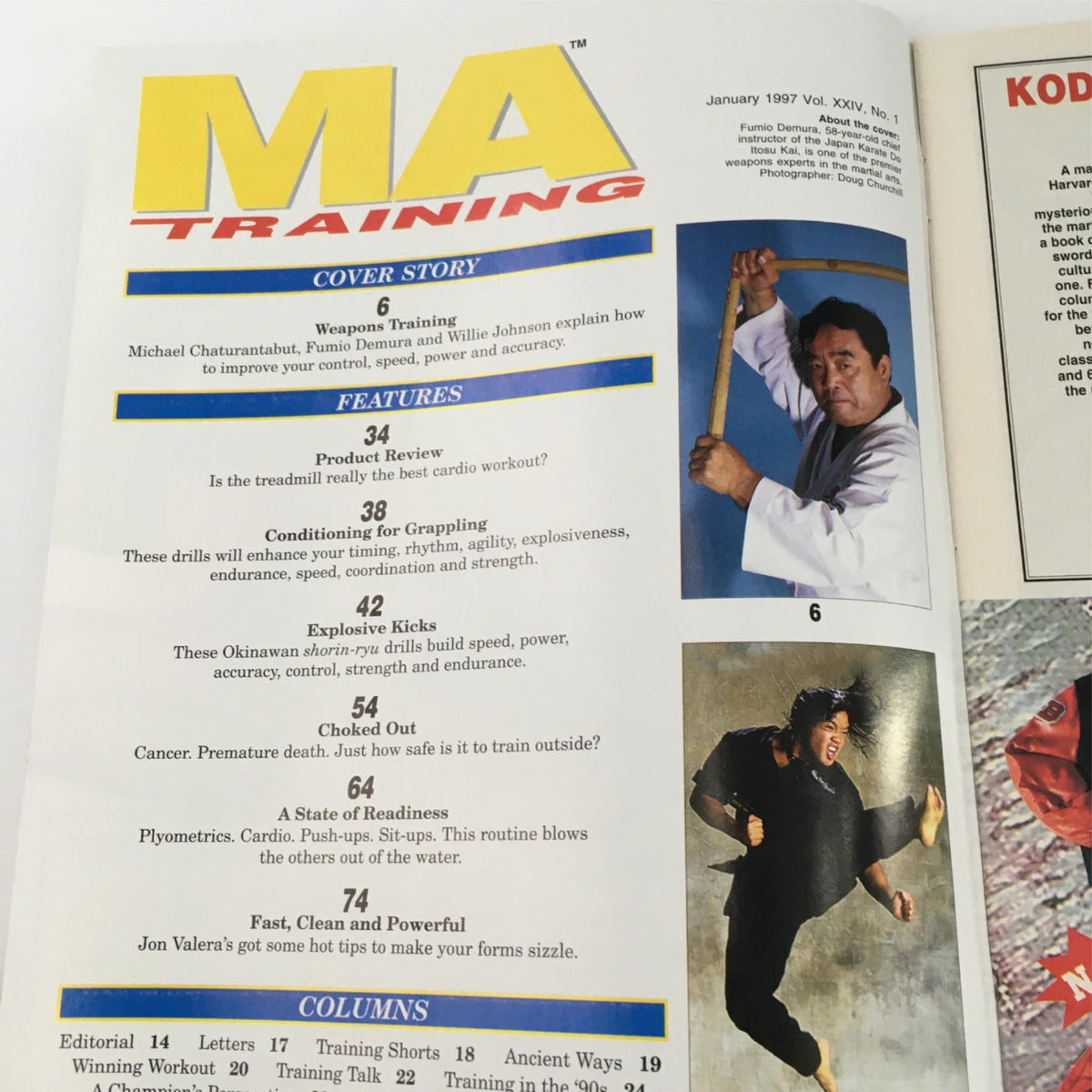 Inside page of MA Martial Arts Training Magazine January 1997 highlighting features like Weapons Training and Explosive Kicks. The content focuses on improving control, speed, and power in martial arts techniques.