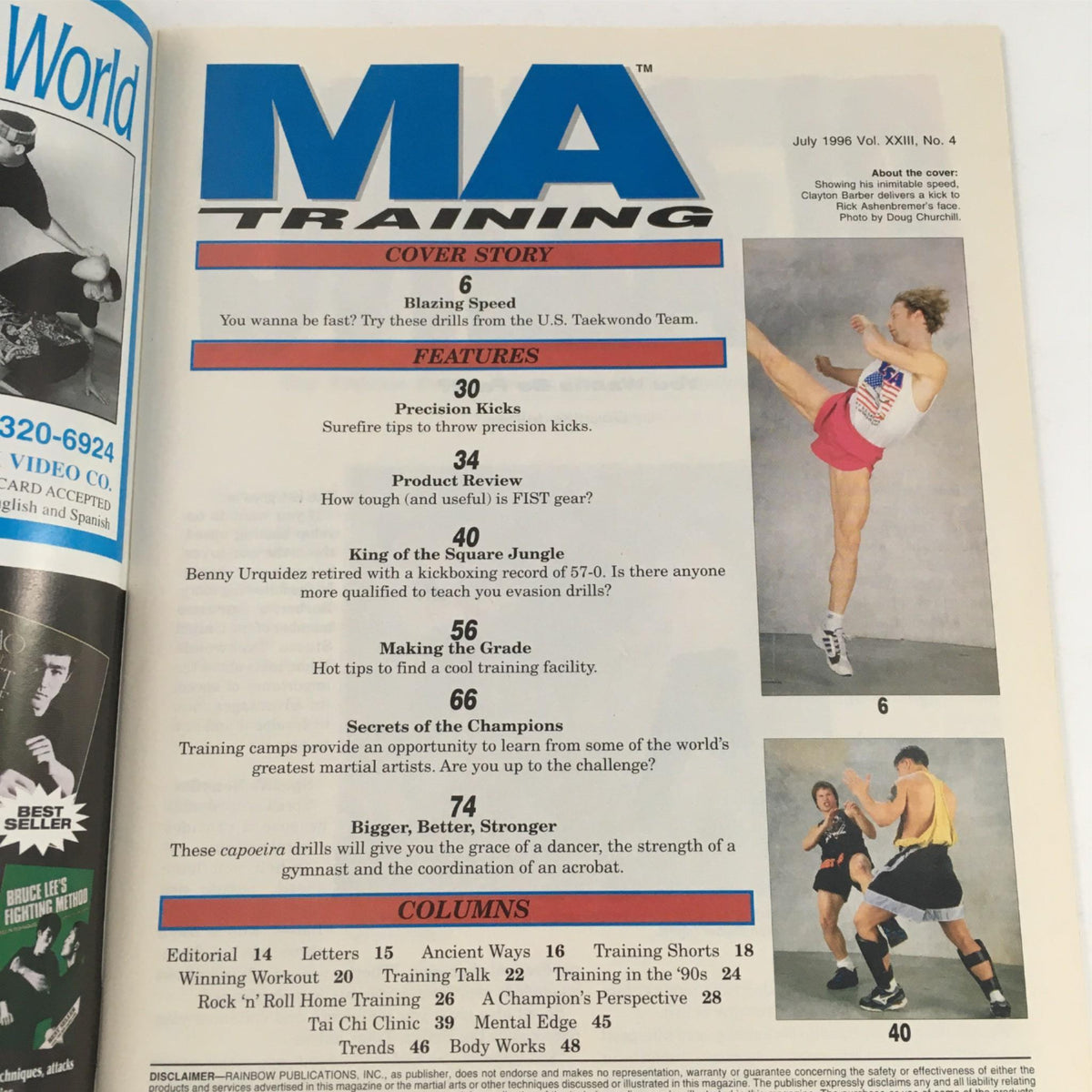 Interior page of MA Martial Arts Training Magazine from July 1996, outlining feature articles including precision kicks and training tips, with images of martial artists demonstrating techniques.
