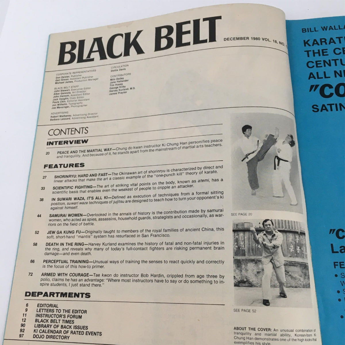 Contents page of Black Belt Magazine December 1980 showcasing the features including Ki Chung Han's interview, martial arts techniques, and historical insights.