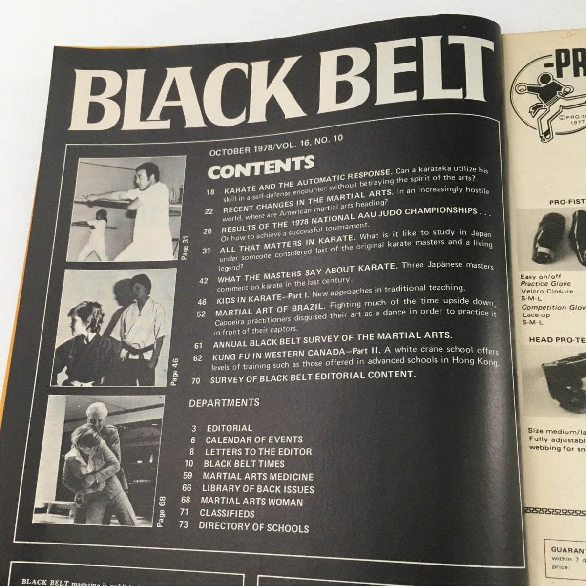 Contents page of Black Belt Magazine October 1978, displaying the issue's articles and features including insights on karate, judo, and martial arts culture of the era.