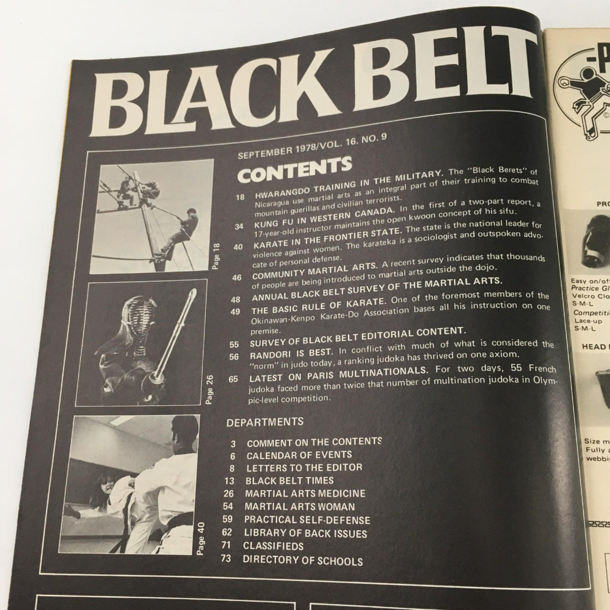 Contents page of Black Belt Magazine September 1978, outlining featured articles including Hwarangdo training in the military and martial arts surveys.