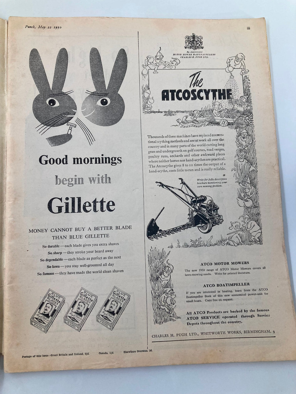 Inside page of Vintage Punch Magazine May 22 1950 featuring an advertisement with stylized bunny illustrations and playful text.