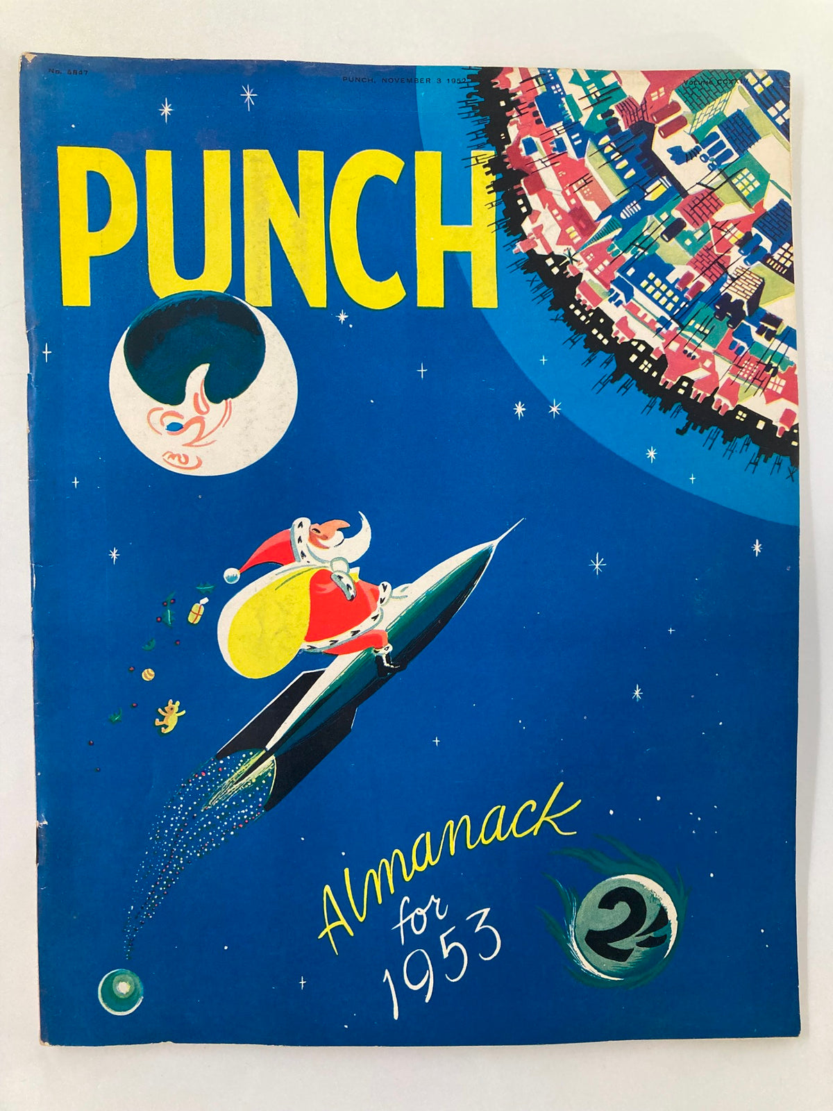 Cover of VTG Punch Magazine November 3, 1952, featuring vibrant artwork with a cartoonish Santa on a rocket, titled 'Almanack for 1953', showcasing WWII humor and illustrations.