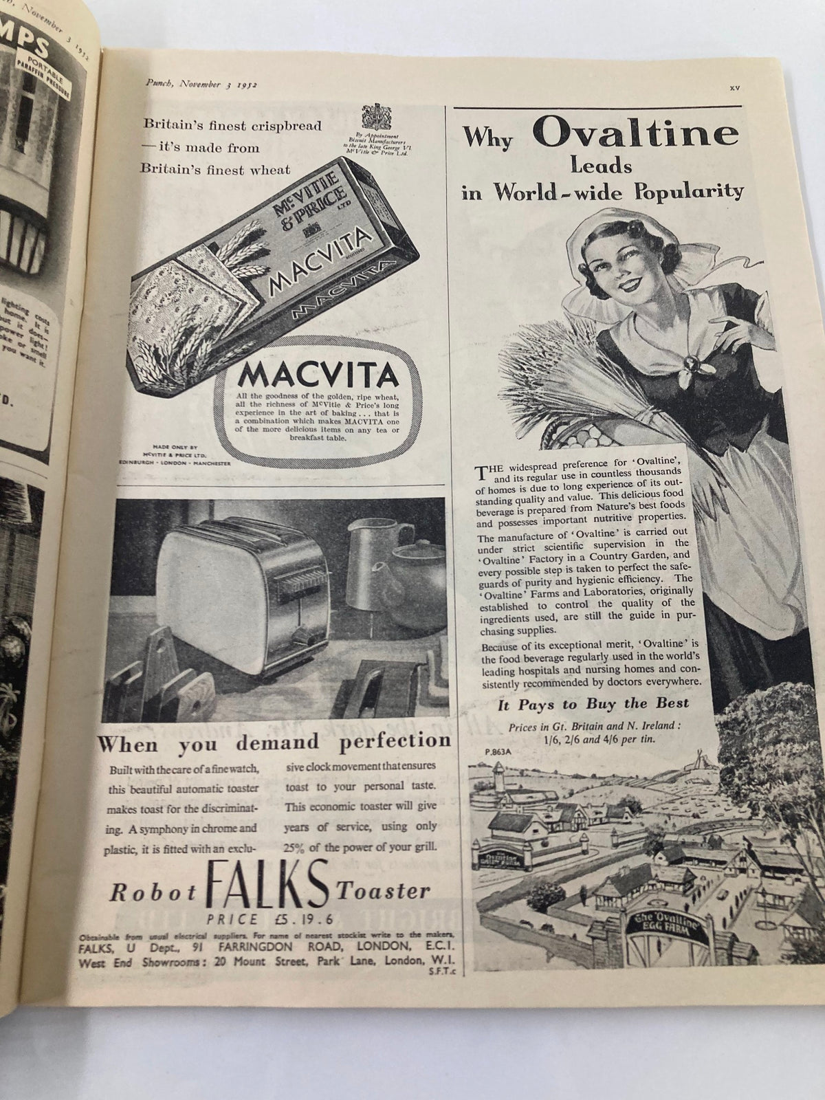 Vintage Punch Magazine advertisement page featuring Ovaltine and a Robot Falks toaster from November 3, 1952. This page is part of the VTG Punch Magazine November 3 1952 Almanack WWII Cartoon & Humour edition.