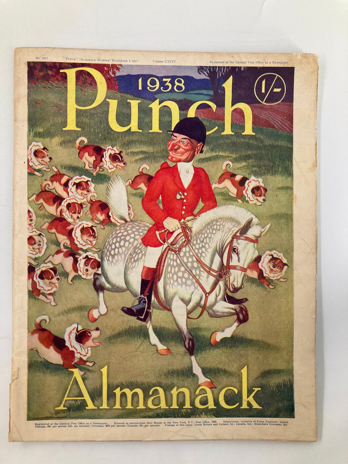 VTG Punch Magazine November 1 1937 cover featuring a colorful illustration of a man on horseback surrounded by playful dogs, showcasing the 1938 Almanack's vintage charm.