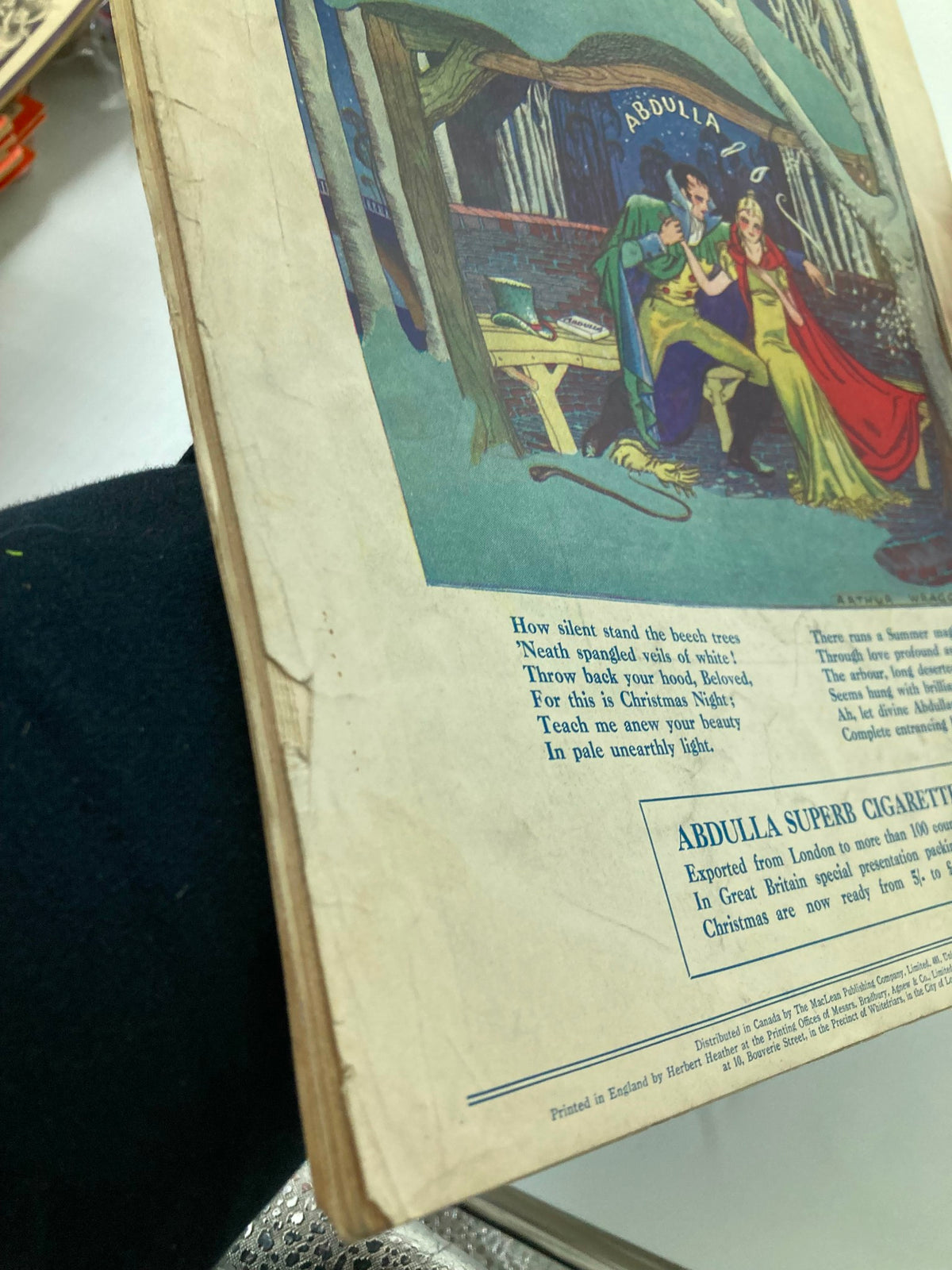 Back cover of VTG Punch Magazine November 1, 1937 featuring colorful illustrations and vintage cigarette advertisement.