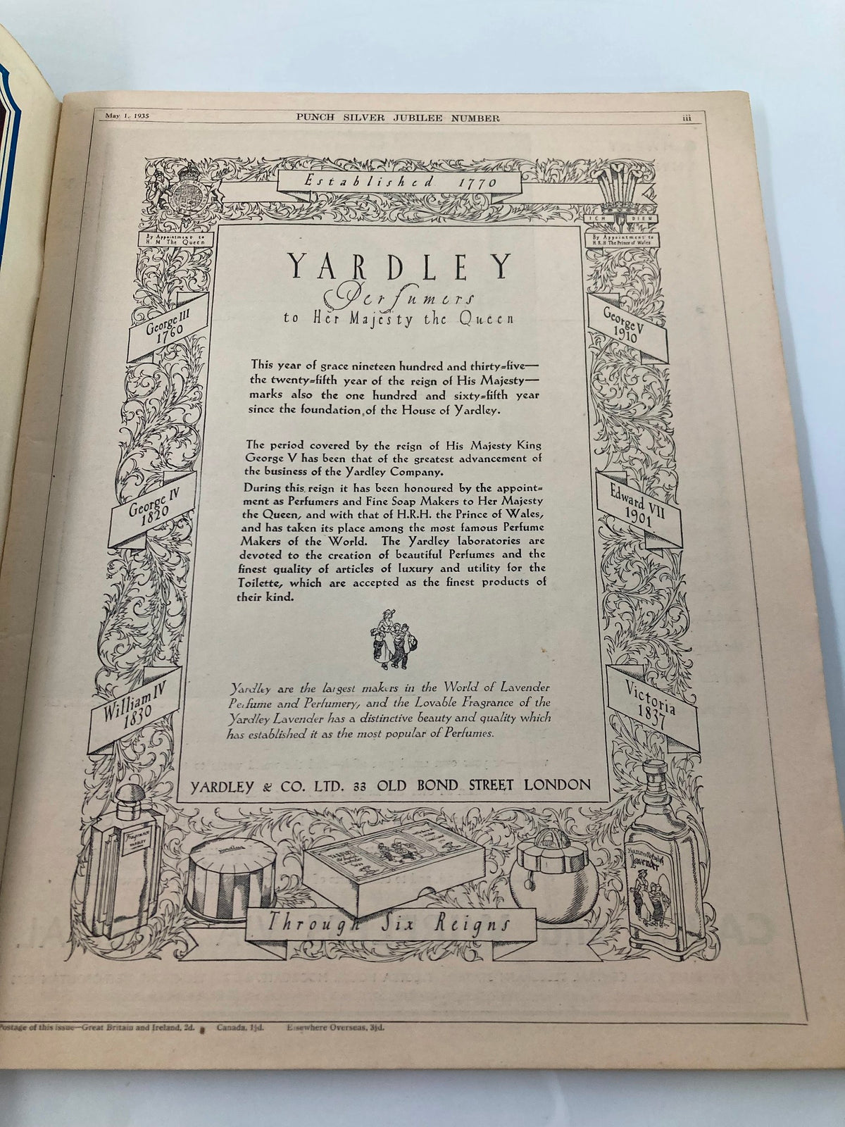 Interior page from VTG Punch Magazine May 1 1935, showcasing an advertisement for Yardley Perfumes, highlighting its history and products.