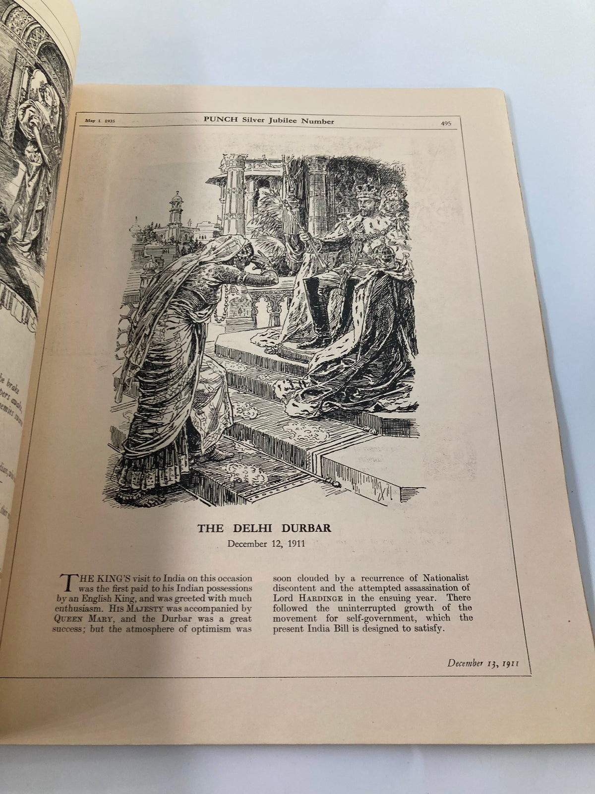 Illustrated article page from VTG Punch Magazine May 1 1935 featuring historical commentary on the Delhi Durbar, depicting a regal scene.