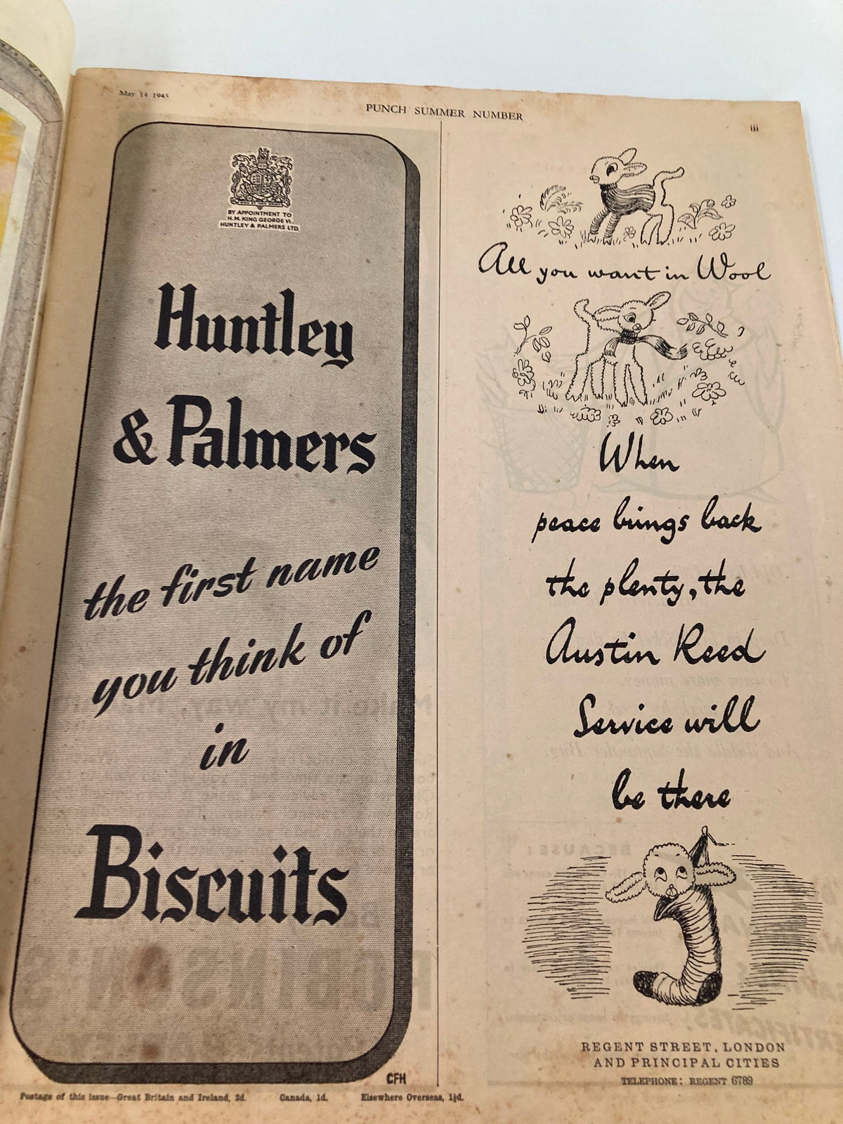 Advertisement page in VTG Punch Magazine May 14 1945 for Huntley & Palmers biscuits with illustrations.