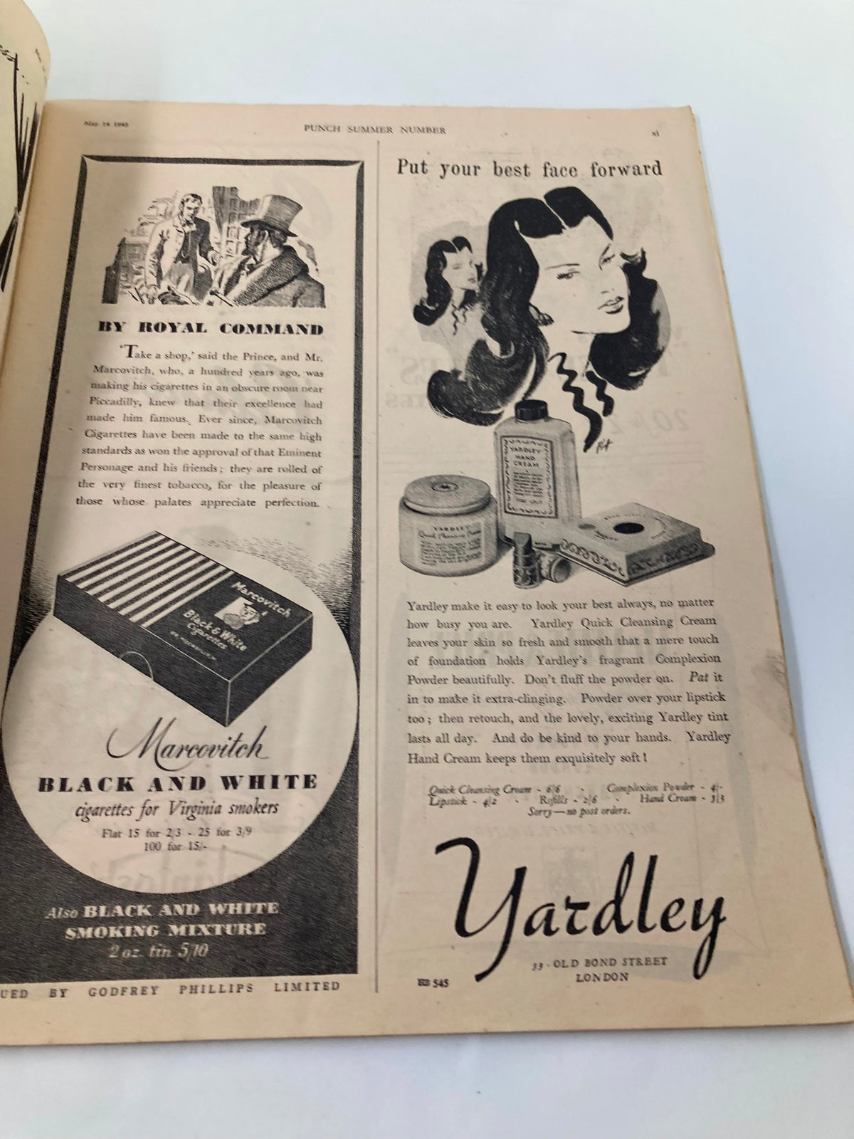 Vintage advertisement from VTG Punch Magazine May 14 1945 showcasing Marcovitch cigarettes and Yardley beauty products.