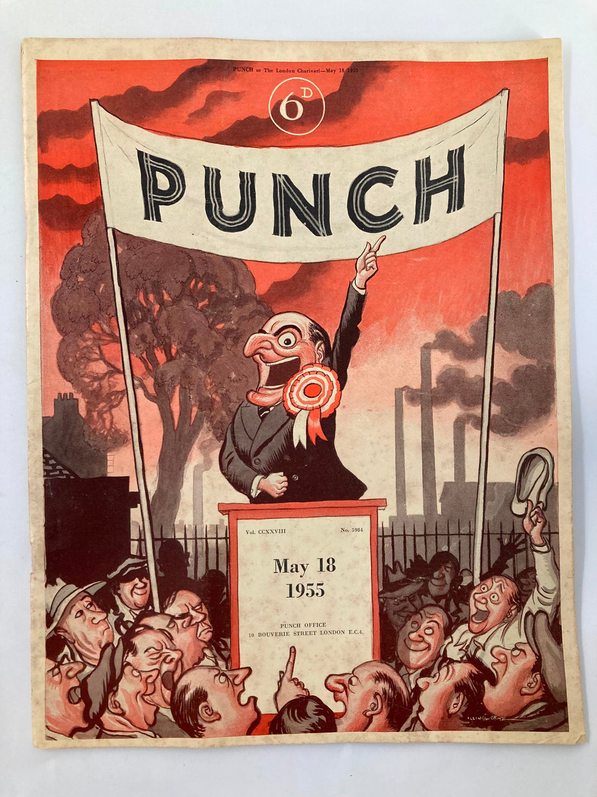 Cover of VTG Punch Magazine May 18 1955 featuring a cartoon character on a podium holding a banner that reads 'PUNCH'. The scene captures a humorous political rally, with onlookers watching in amusement.