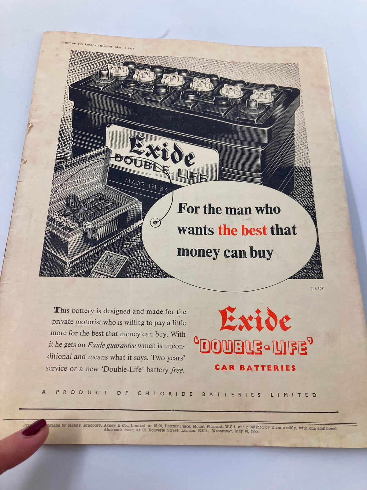 Back cover of VTG Punch Magazine May 18 1955, showcasing an advertisement for Exide 'Double-Life' car batteries, featuring an illustration of the battery product along with promotional text.