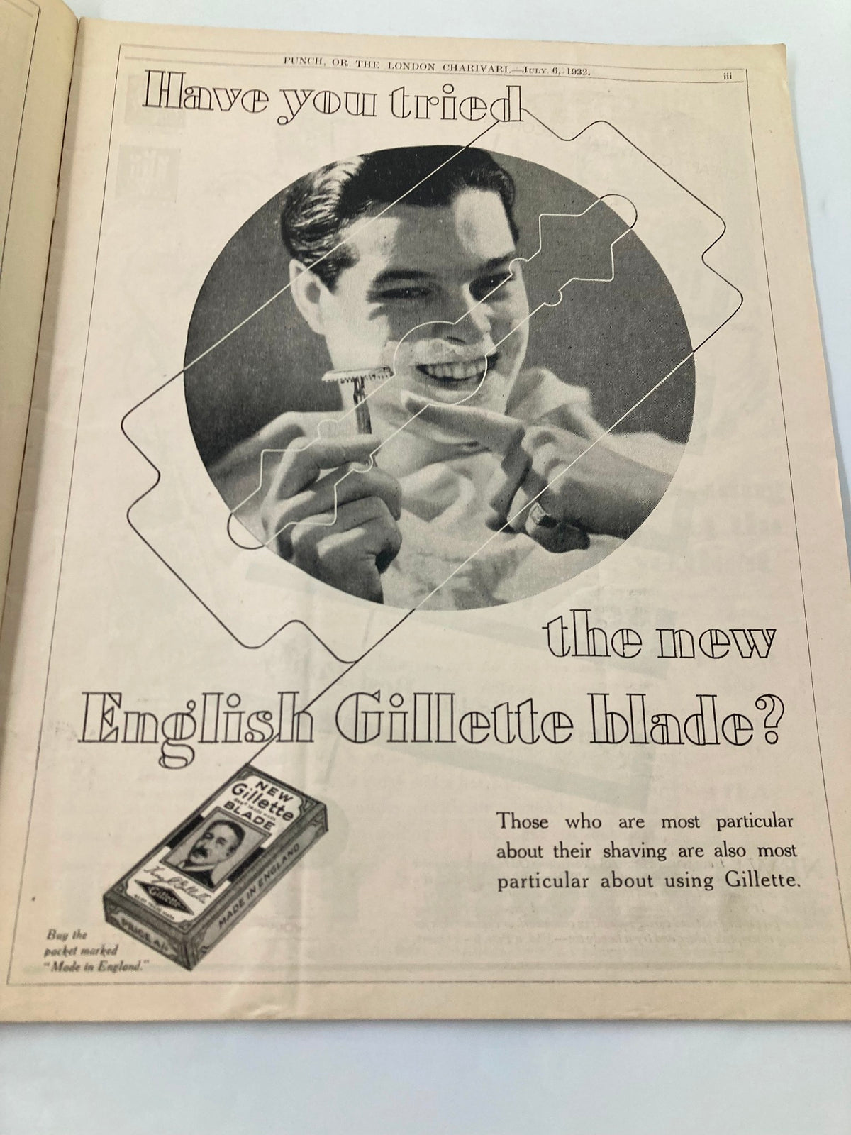 Inner page of VTG Punch Magazine July 6, 1932 No. 4748 showcasing an advertisement for the new English Gillette blade, emphasizing grooming and shaving products.