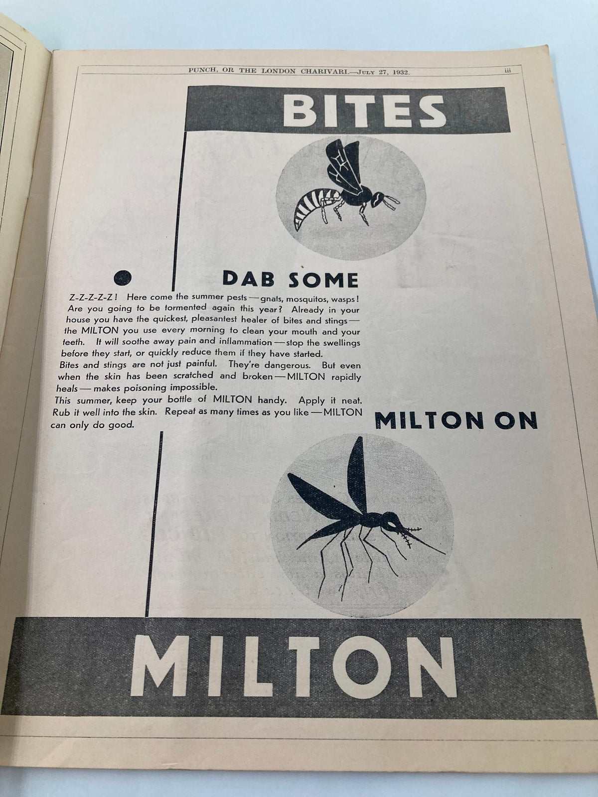 Page from VTG Punch Magazine July 7 1932 #4751 Vol 183 featuring a humorous advertisement about mosquitoes and summer pest remedies, showcasing period typography and illustrations.