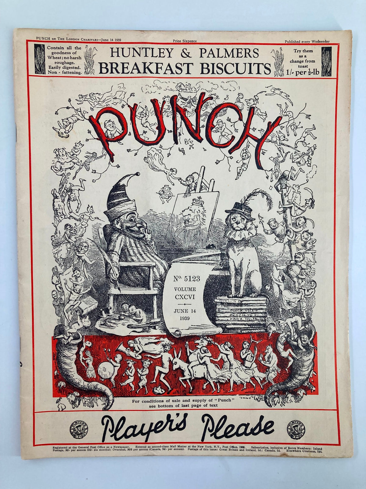 Cover of VTG Punch Magazine June 14 1939, issue #5123, featuring whimsical cartoon illustrations and humor from the pre-WWII era.