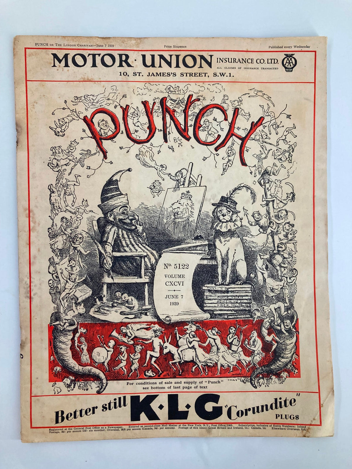 VTG Punch Magazine June 7 1939 #5122 Cover featuring whimsical cartoons and humor from the WWII era, showcasing artistic illustrations and satirical themes.