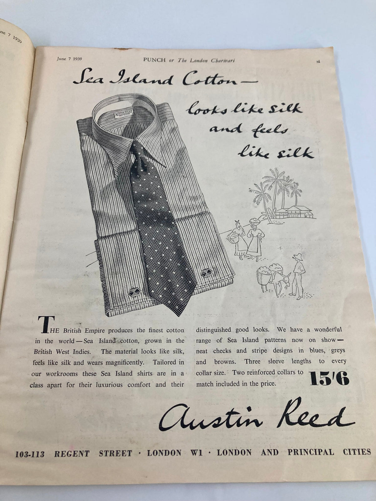 Inside page of VTG Punch Magazine June 7 1939 #5122 featuring an advertisement for Sea Island Cotton shirts, highlighting the luxurious quality and style, complete with illustrations.