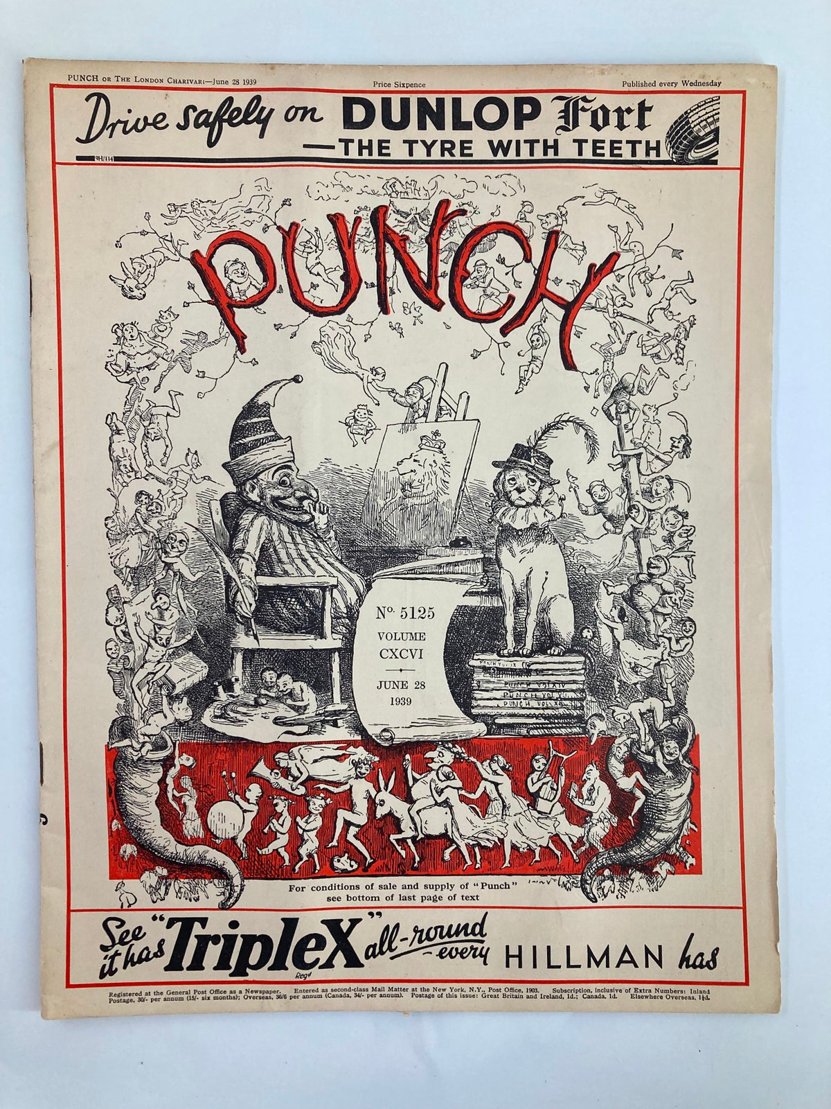 VTG Punch Magazine June 28 1939 #5122 Vol 196 cover featuring humorous illustrations showcasing cartoons and satire from the pre-World War II era.