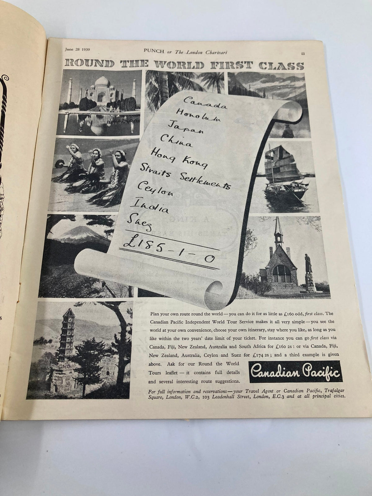 Inside page of VTG Punch Magazine June 28 1939 #5122 Vol 196 displaying travel advertisement with destinations like Canada, Japan, and India, along with visual elements reflecting 1930s travel themes.