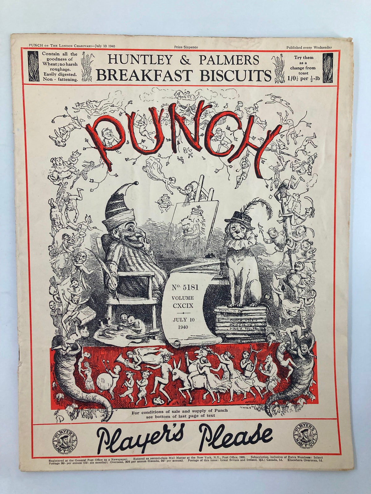 Vintage Punch Magazine July 10, 1940, Issue #5181 front cover showcasing whimsical caricatures and humor related to World War II.