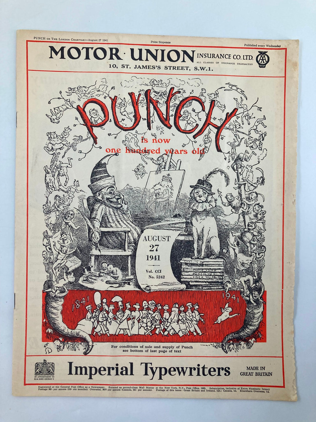 Cover of VTG Punch Magazine dated August 27, 1941, featuring humor and cartoons from WWII, and marked as Volume 201, Issue #5242.