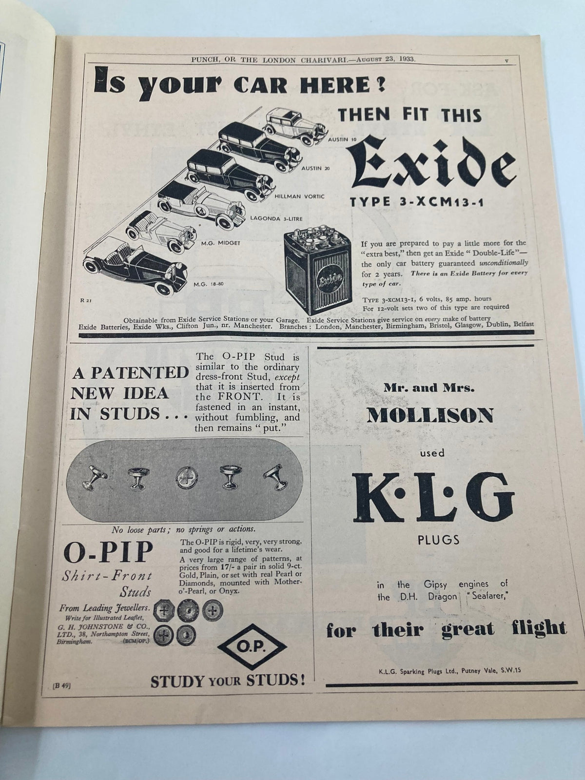Vintage advertisement from Punch Magazine August 23, 1933, featuring various car models and an Exide battery promotion. The ad highlights automotive products and includes unique artistic elements from the era, reflecting the humor and style of WWII-themed publication.
