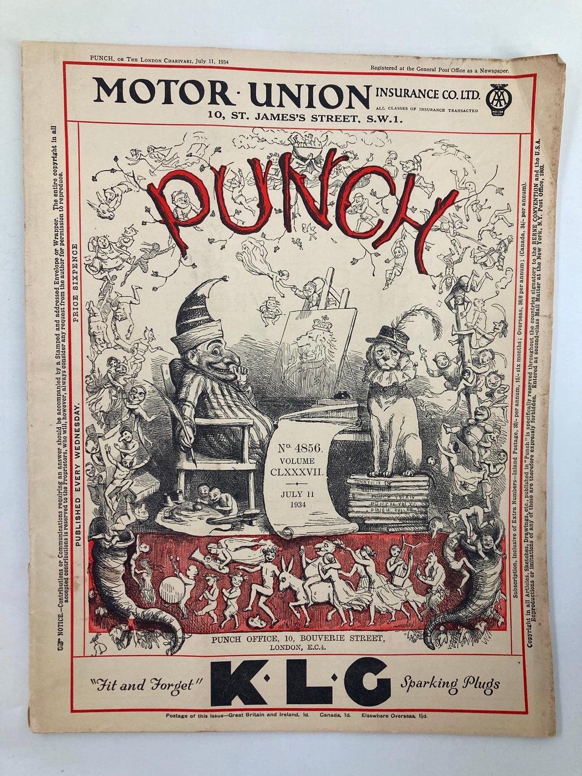 VTG Punch Magazine July 11 1934, issue number 4856, featuring whimsical cartoons and humor from the era, showcasing a colorful and detailed illustrated cover with playful characters.