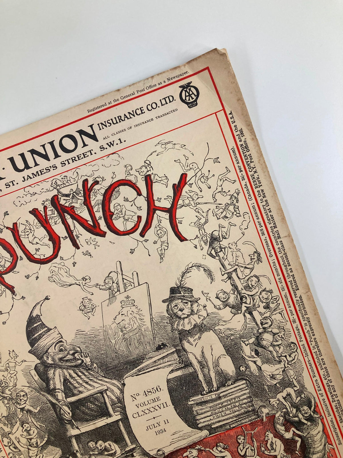 Cover of the VTG Punch Magazine July 11, 1934 featuring whimsical artwork and vintage graphics, showcasing the magazine's humorous style.