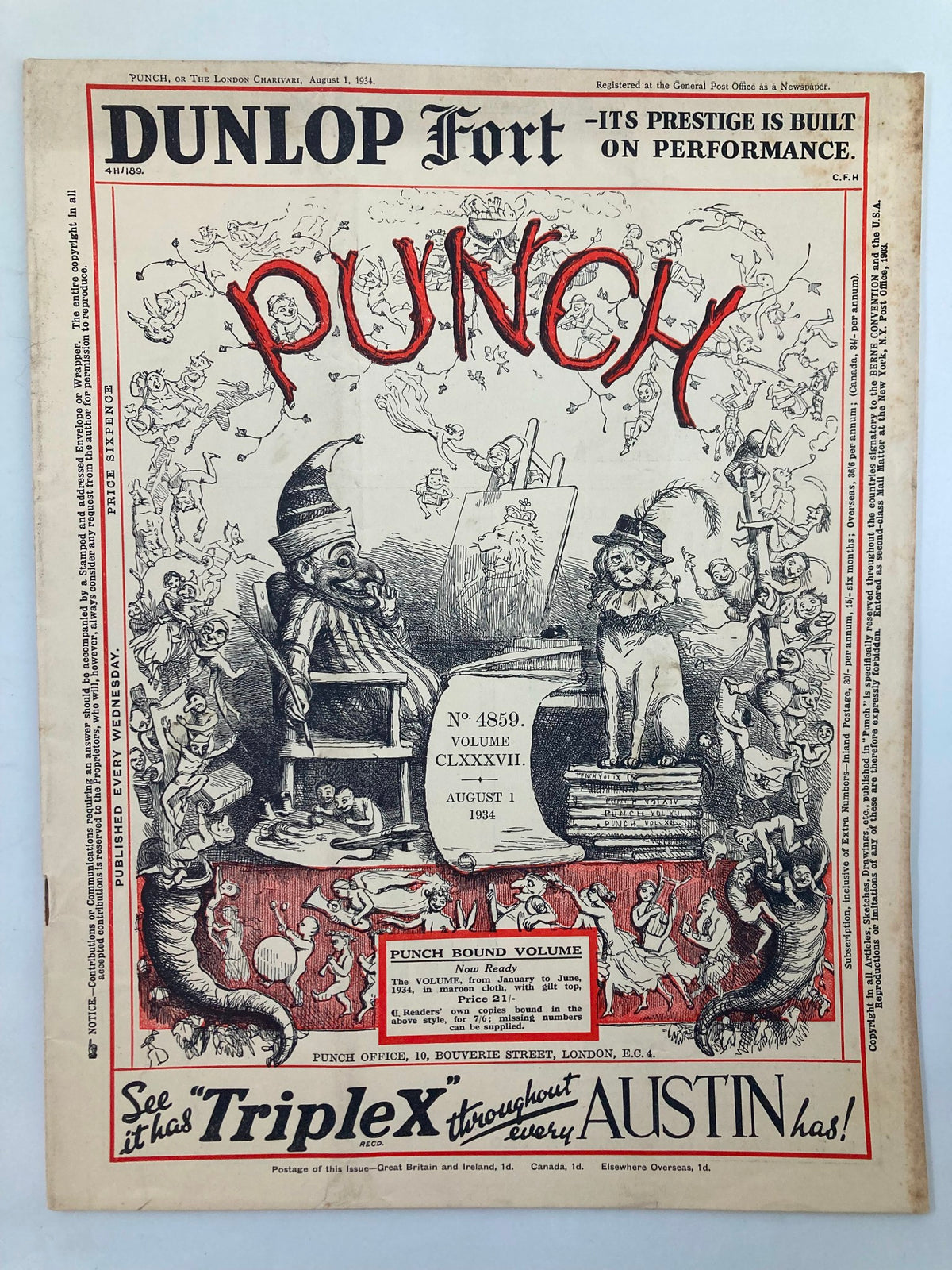 Cover of VTG Punch Magazine August 1 1934 #4859 Vol 187 featuring humorous artwork, fantasy characters, and whimsical caricatures, representing historical cultural satire during World War II.
