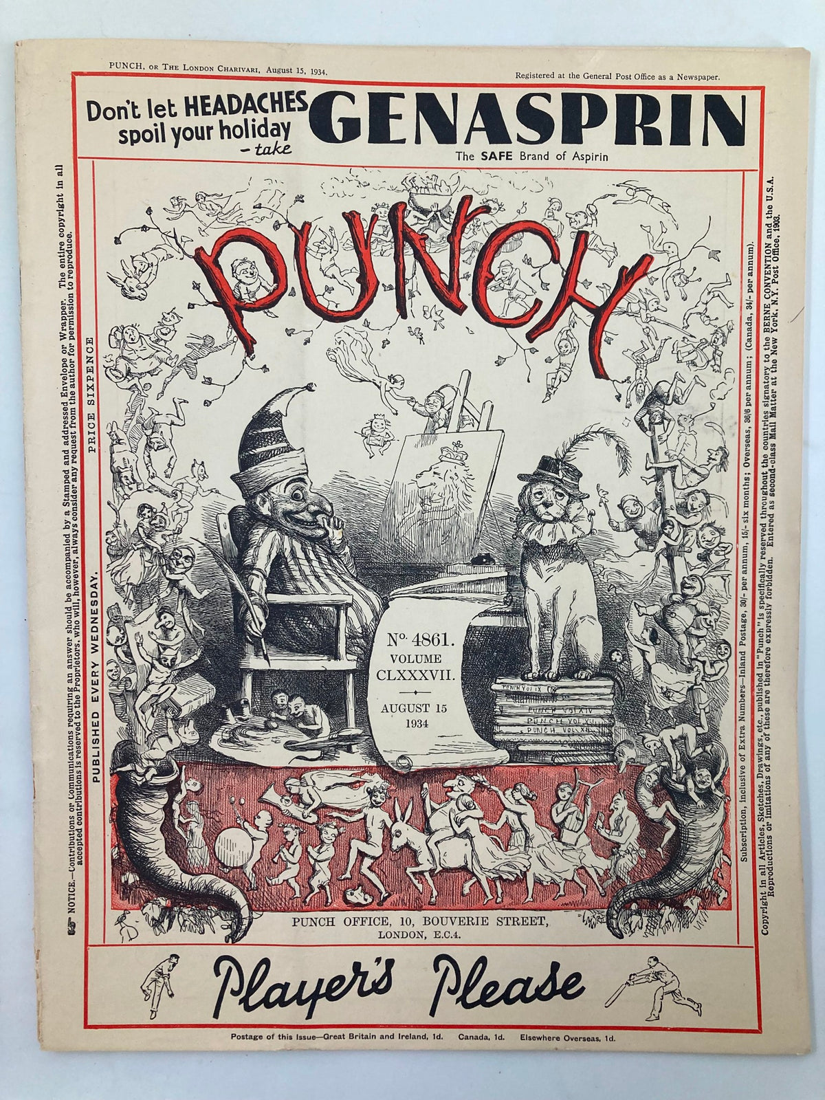 VTG Punch Magazine August 15, 1934 cover art features bold title, whimsical cartoons, and humorous illustrations from WWII era, highlighting the magazine's satire and charm.