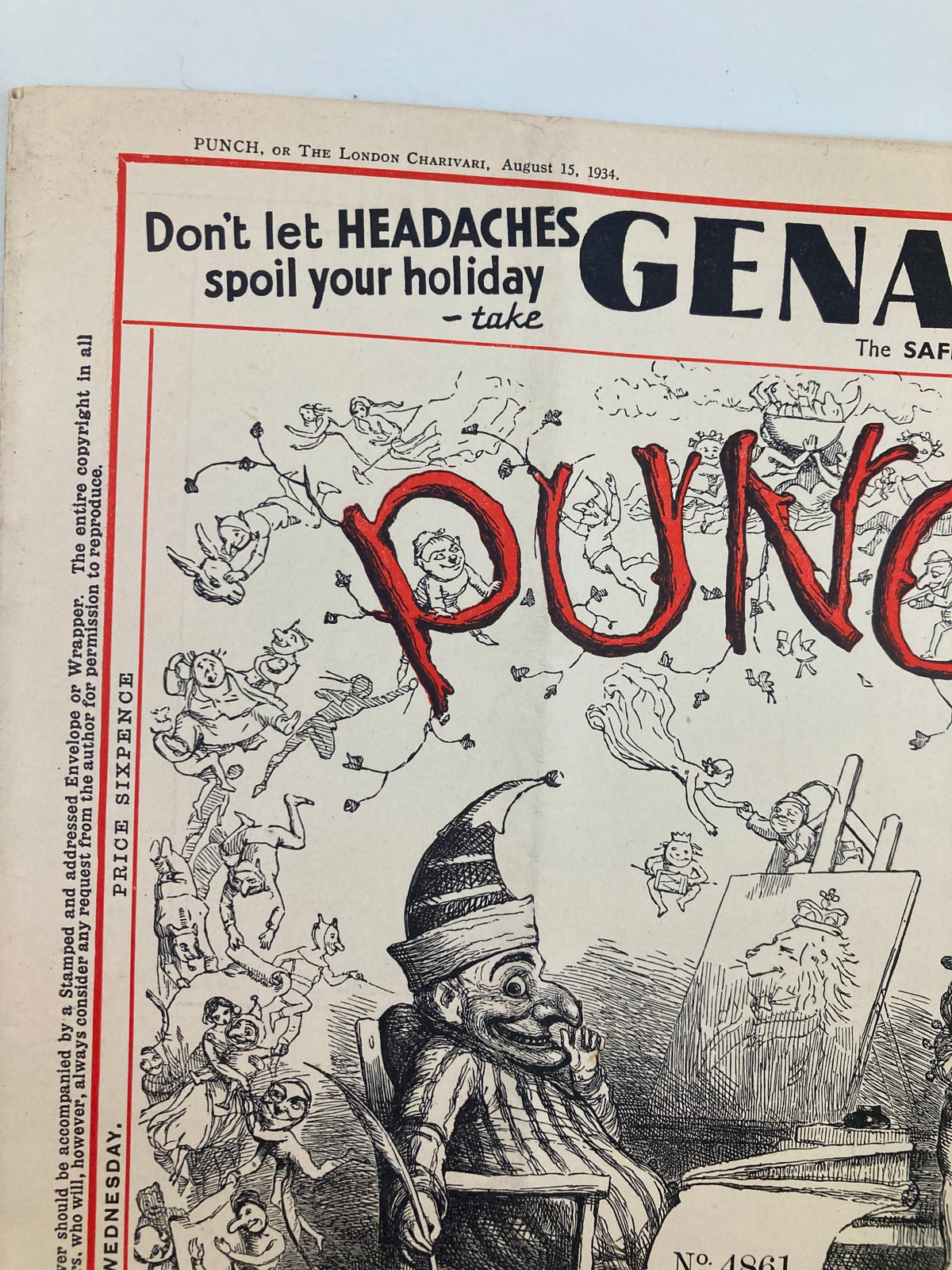Close-up view of the VTG Punch Magazine August 15, 1934 cover, showcasing detailed artwork, playful characters, and the iconic title 'Punch' emphasizing vintage humor.
