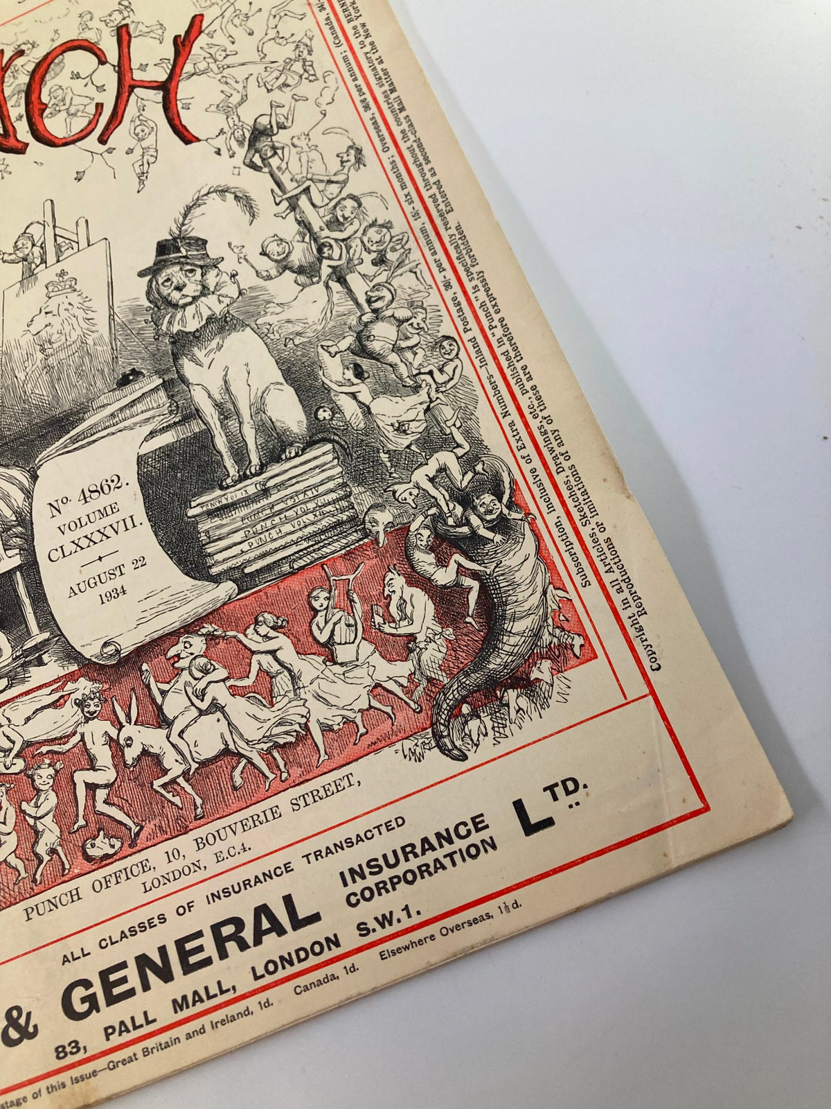 Close-up view of the VTG Punch Magazine August 22 1934 #4862 Vol 187 showing detailed illustrations and humor from the cover, highlighting its historical significance and vintage appeal.