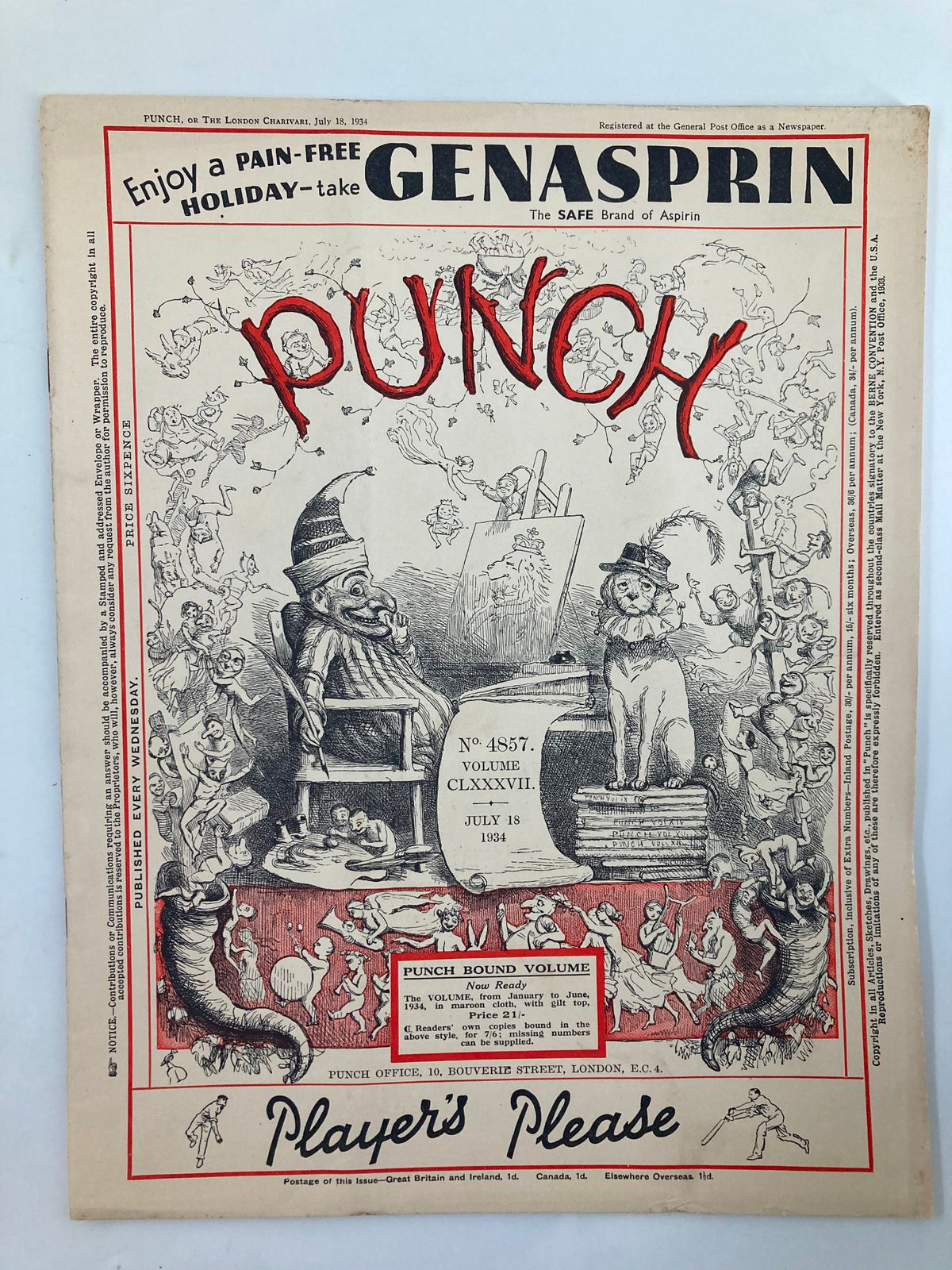 Cover of VTG Punch Magazine July 18 1934 #4857, featuring whimsical cartoons and humor reflective of the era.