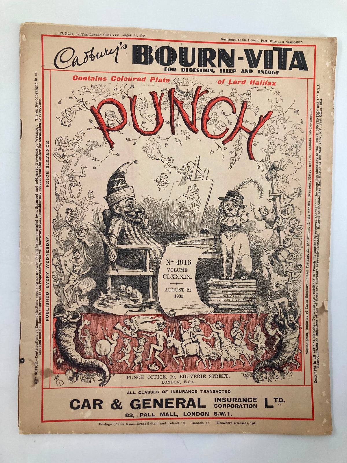 Vintage Punch Magazine cover from August 21, 1934, issue #4916 featuring illustrations and humorous cartoons from the WWII era.