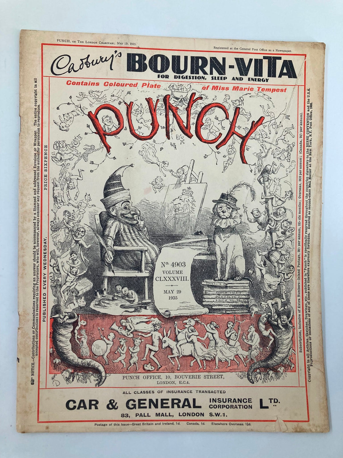 Cover of VTG Punch Magazine dated May 29, 1935, issue #4903 Vol 188 featuring humorous illustrations and social commentary, showcasing classic 20th-century art and cartoons.