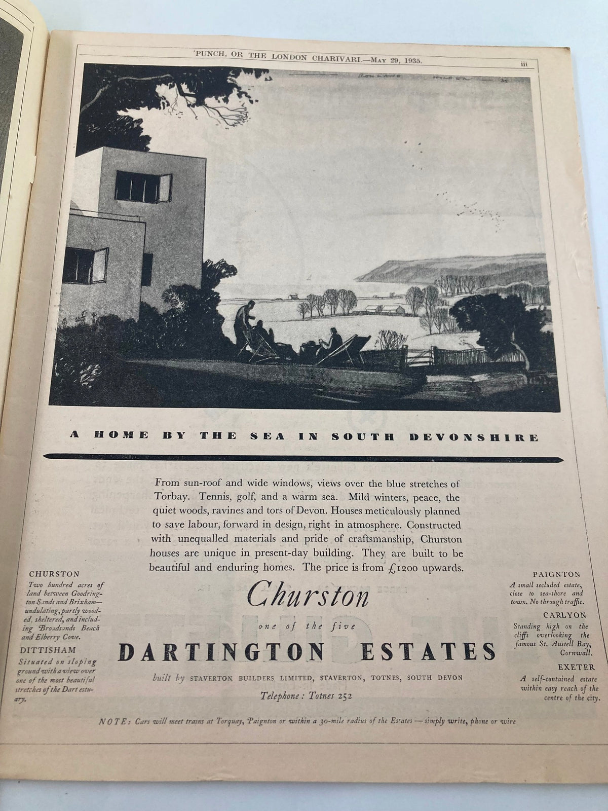 Interior page from the VTG Punch Magazine dated May 29, 1935, showcasing an artistic illustration titled 'A Home by the Sea in South Devonshire.' The image highlights serene views of Torbay with people relaxing outdoors amidst modern architectural design, exemplifying humor and social commentary relevant to the 1930s.