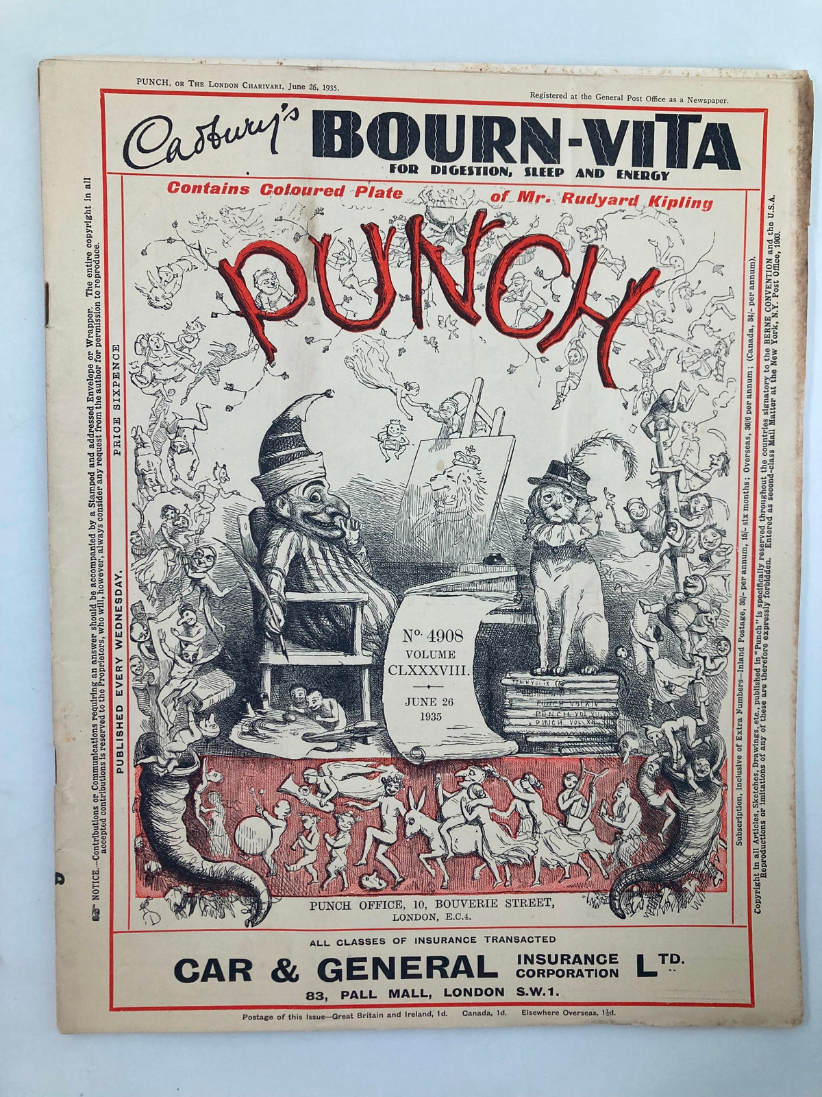 Cover of VTG Punch Magazine June 26 1935 #4908 Vol 188 featuring humorous cartoons and illustrations from the period, showcasing the title PUNCH prominently with vintage advertisements.