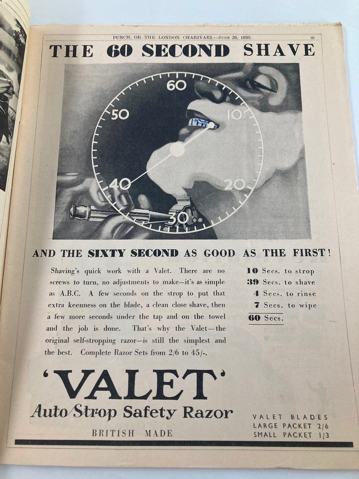 Page from VTG Punch Magazine June 26 1935 #4908 Vol 188 featuring an advertisement for the Valet Auto Strop Safety Razor, illustrating the 60 second shave concept with a bold clock graphic.