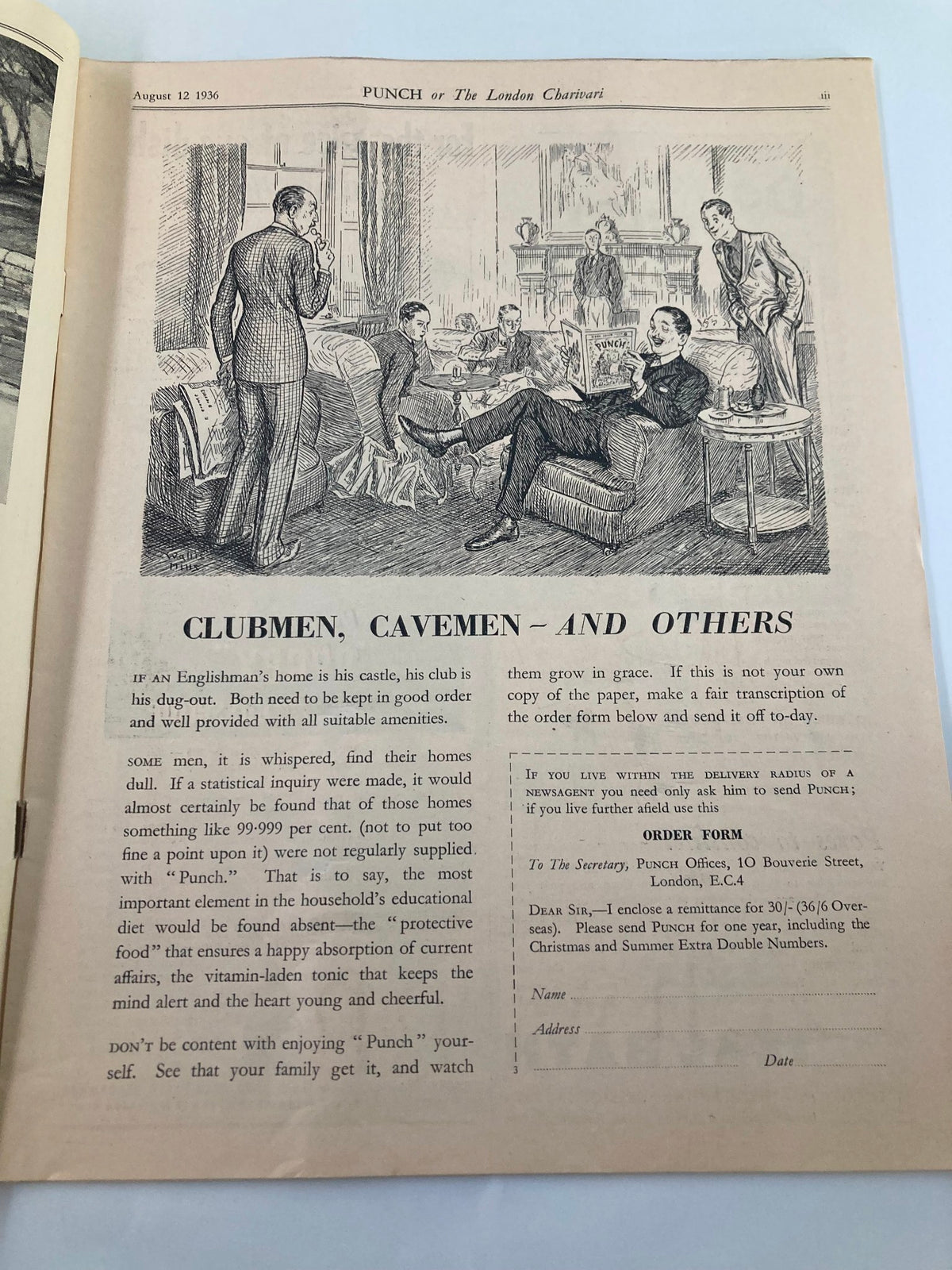 Interior illustration from VTG Punch Magazine August 12 1936 featuring a scene of men socializing in a club setting, showcasing early 20th-century humor.