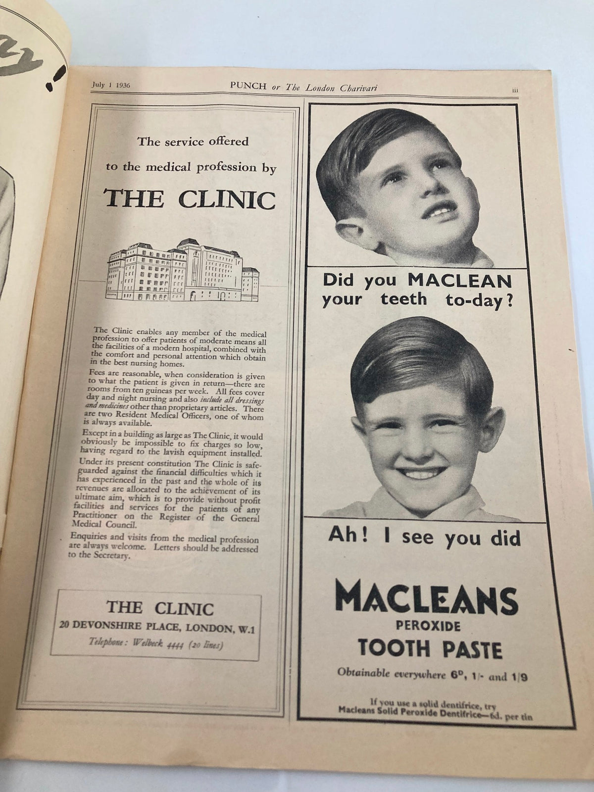 Inside page of VTG Punch Magazine July 1 1936 #4963 Vol 191 with an advertisement for 'The Clinic' and 'Macleans Tooth Paste', reflecting the vintage design and cultural context of the 1930s.