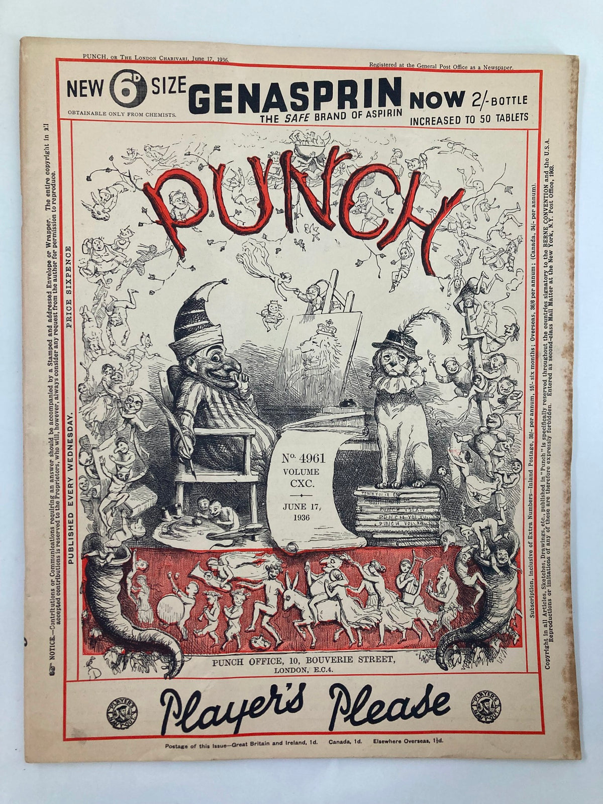 VTG Punch Magazine June 17 1936 #4961 Vol 190 WWII Cartoon & Humour cover featuring whimsical illustrations and comedic themes from the period.
