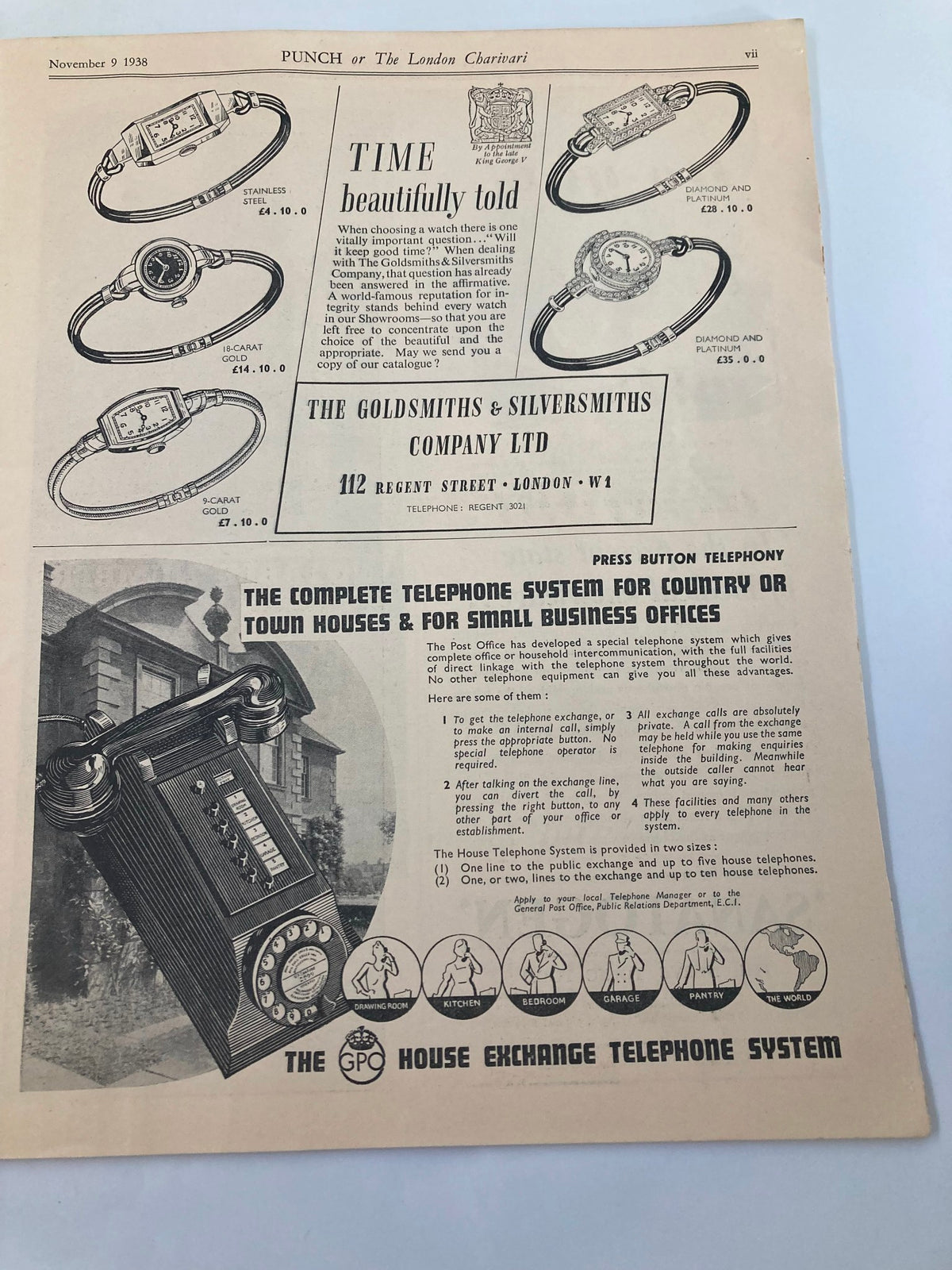 Vintage advertisement for watches from VTG Punch Magazine November 9 1938, featuring various styles including stainless steel and gold, showcasing the Goldsmiths & Silversmiths Company.