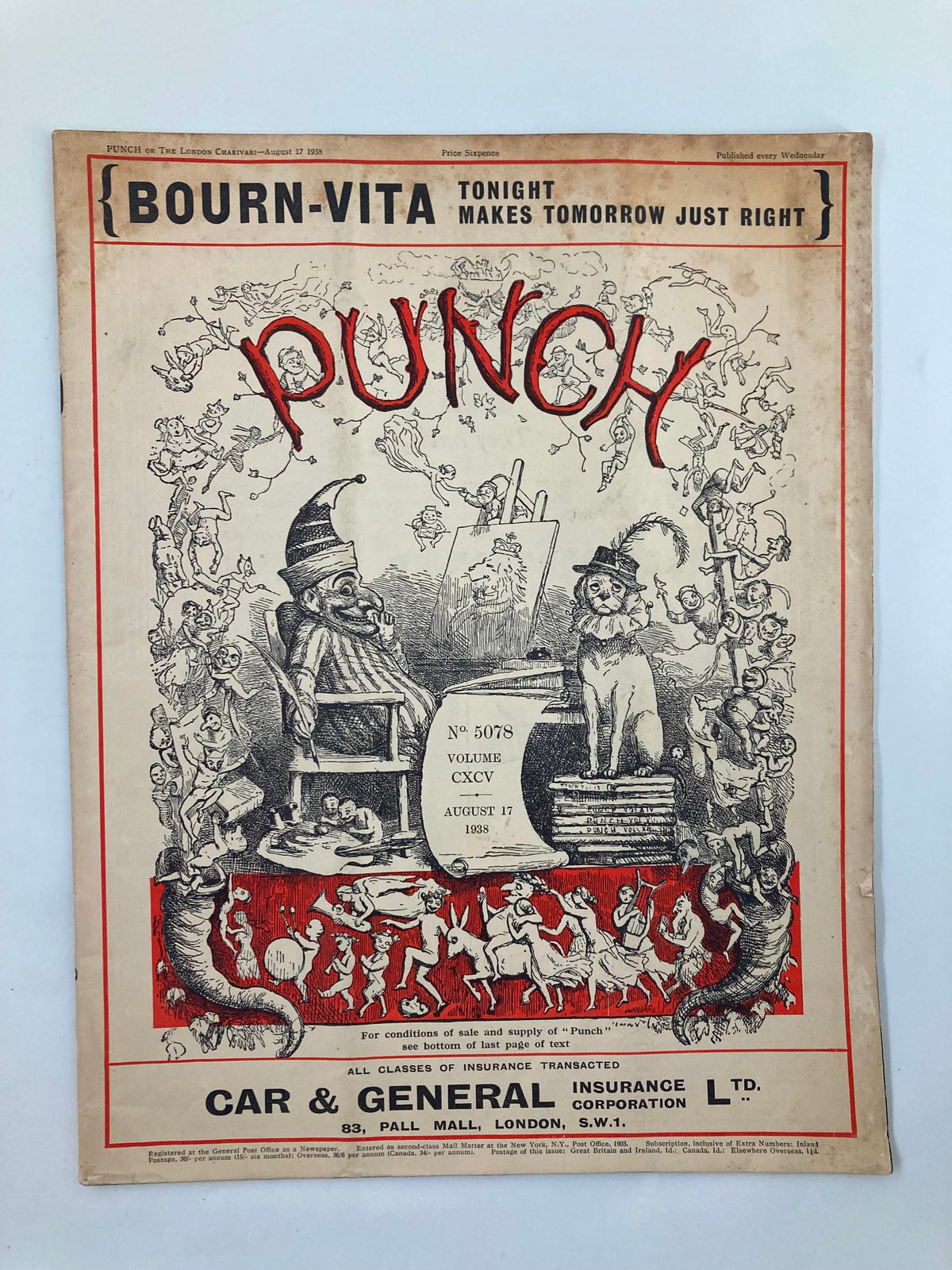 VTG Punch Magazine August 17 1938 #5078 Vol 195 featuring a vintage cartoon cover with whimsical illustrations, capturing humor from the late 1930s.