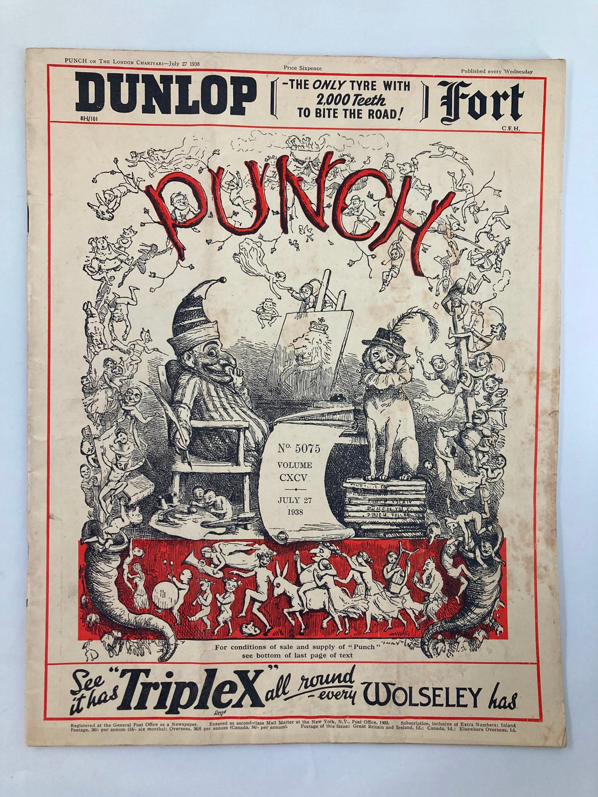 Cover of VTG Punch Magazine July 27 1938 #5075 Vol 195 featuring humorous illustrations related to World War II.