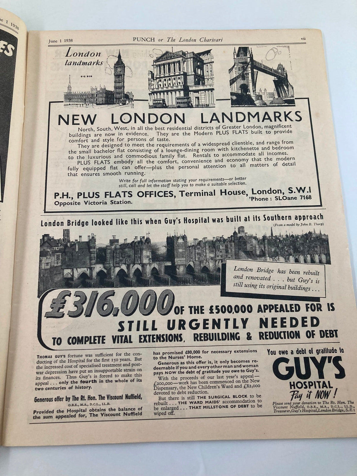Inside page of VTG Punch Magazine June 1 1938 featuring an advertisement for New London Landmarks, showcasing illustrations of iconic London buildings including Big Ben and London Bridge, along with a call for donations to Guy's Hospital for vital extensions.